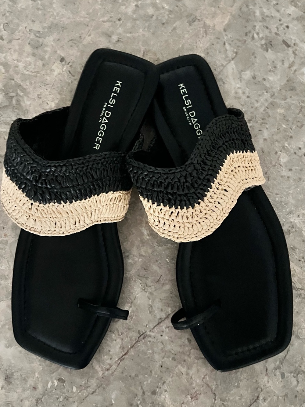 Kelsi Dagger Black and Natural Woven Toe-Loop Slide Sandals